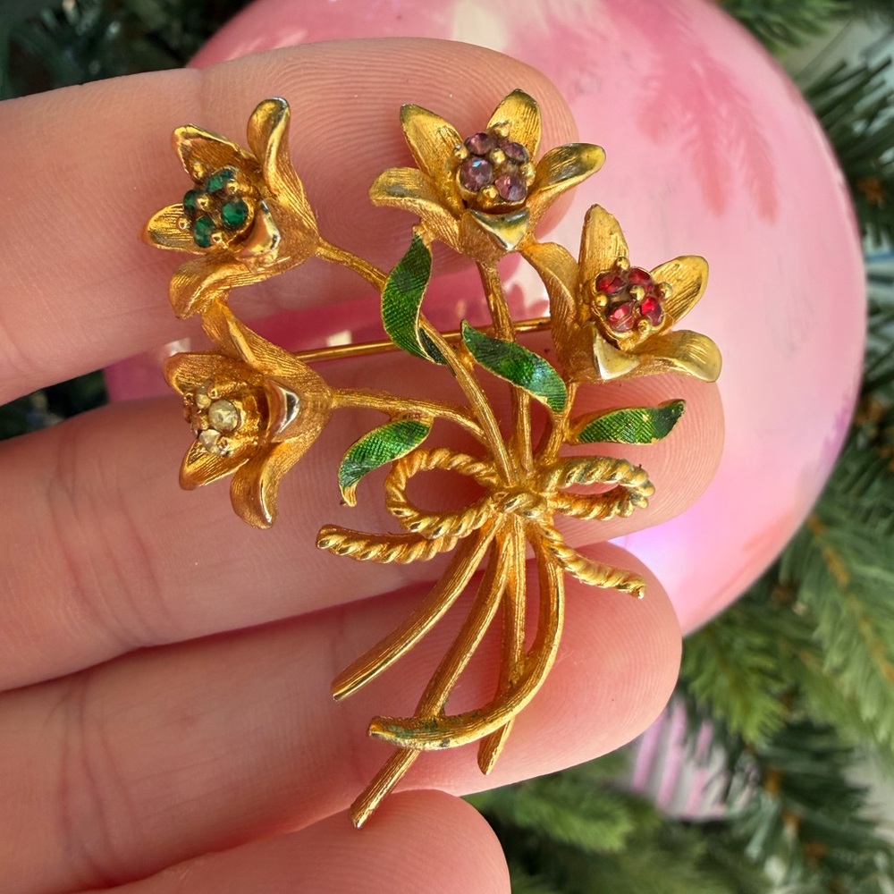 Vintage Mylu Brooch Gold Floral Bouquet and Colorful Gem Accents Jewelry Flower
